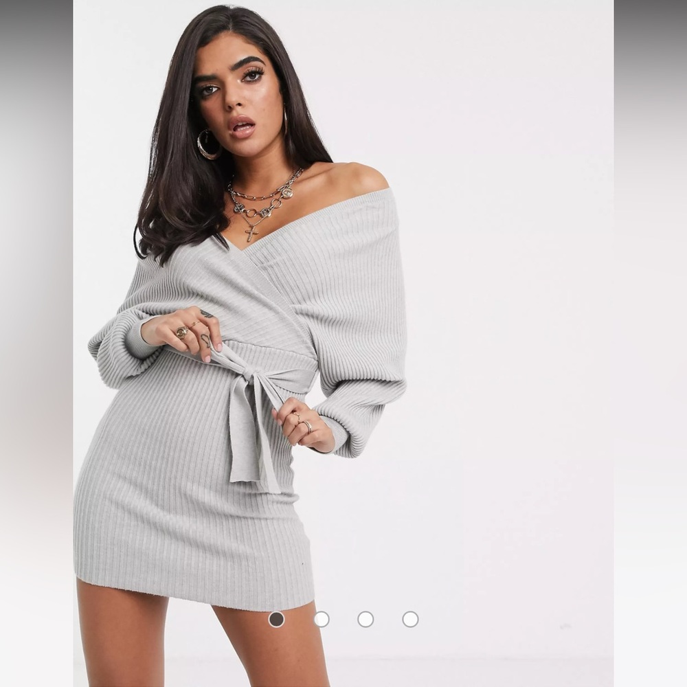 Parallel Lines Mini Wrap Sweater Dress with Cut Out Back